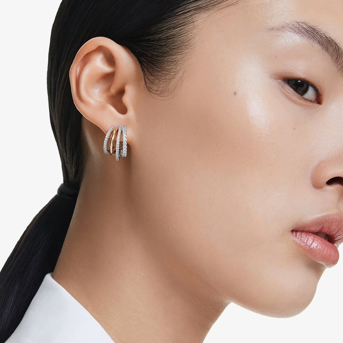 Hyperbola hoop earrings Mixed cuts, Mini, White, Mixed metal finish
