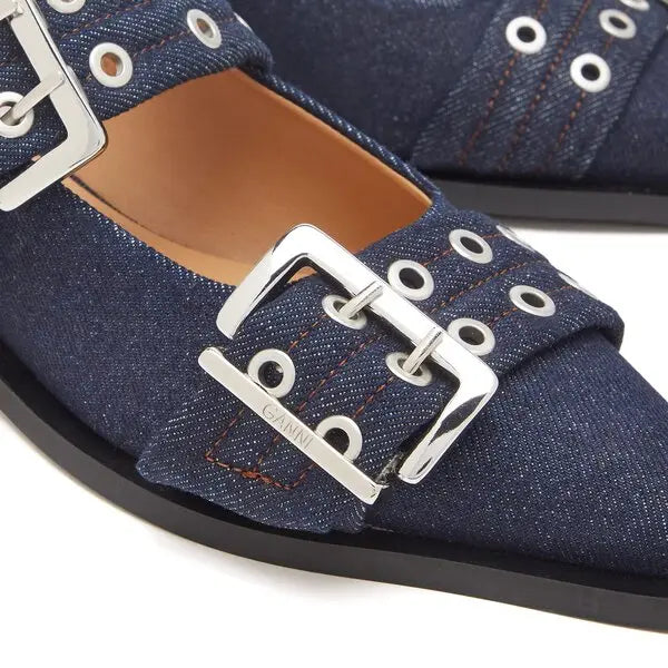 GANNI buckled open cut pumps in denim