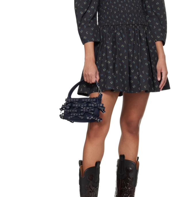 GANNI Navy Denim Small Bow Eyelet Butterfly Pouch Bag