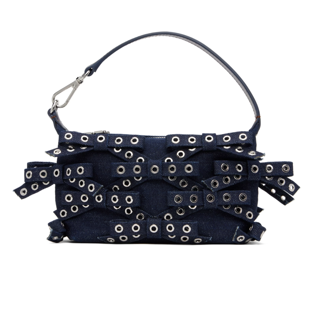 GANNI Navy Denim Small Bow Eyelet Butterfly Pouch Bag