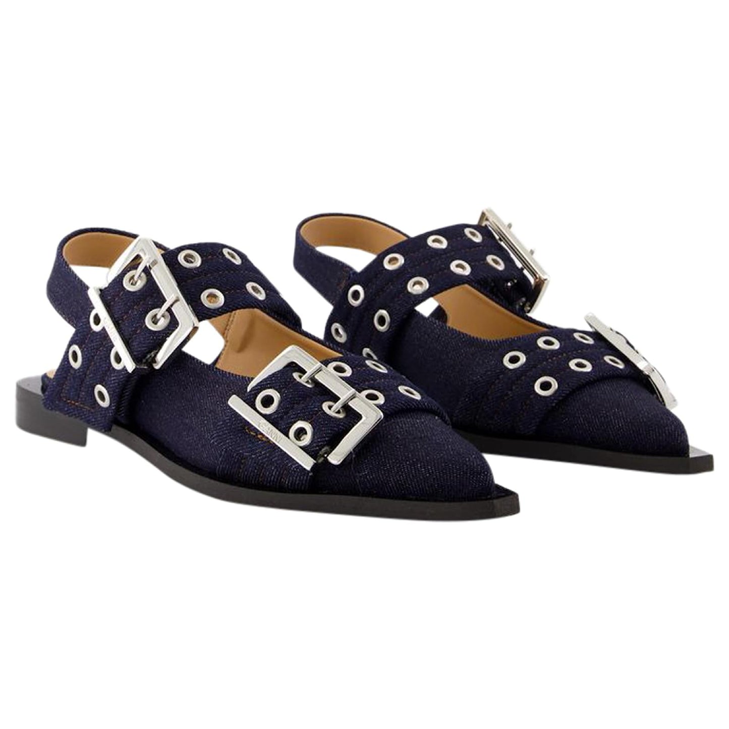 GANNI buckled open cut pumps in denim