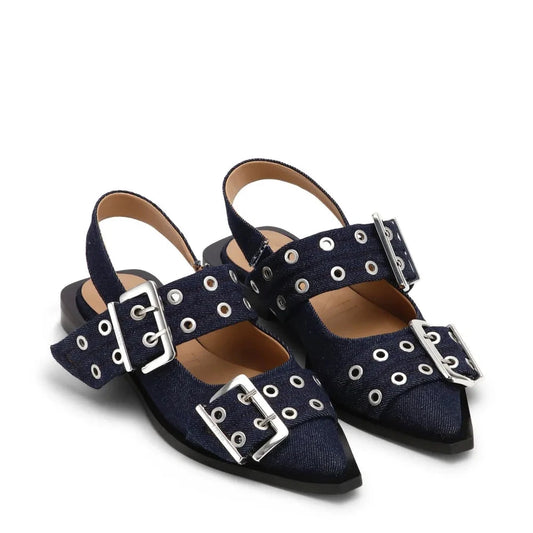GANNI buckled open cut pumps in denim
