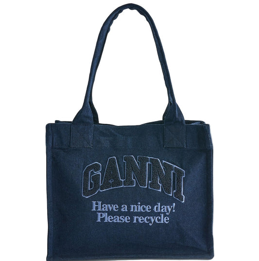 Blue Ganni Large Easy Shopper Washed Tote Bag
