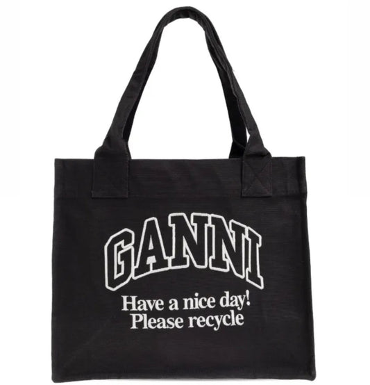 Black Ganni Large Easy Shopper Washed Tote Bag