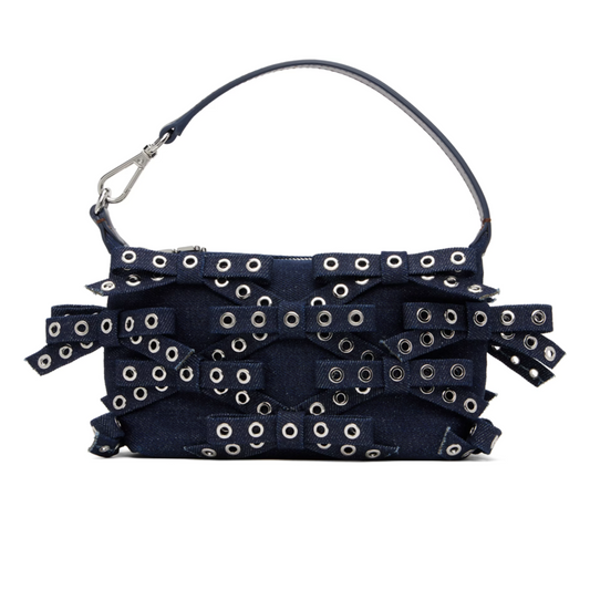GANNI Navy Denim Small Bow Eyelet Butterfly Pouch Bag